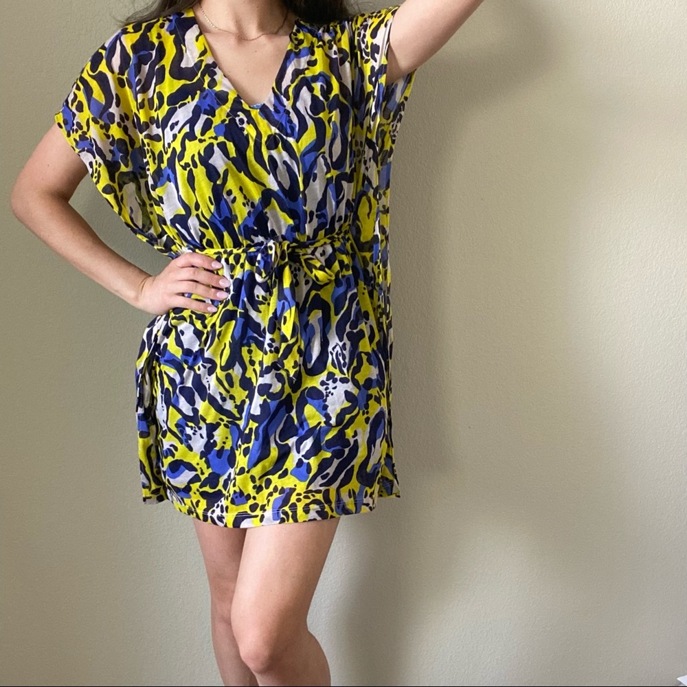 H&M yellow blue white leopard zebra print swimsuit cover bikini kimono cover xs